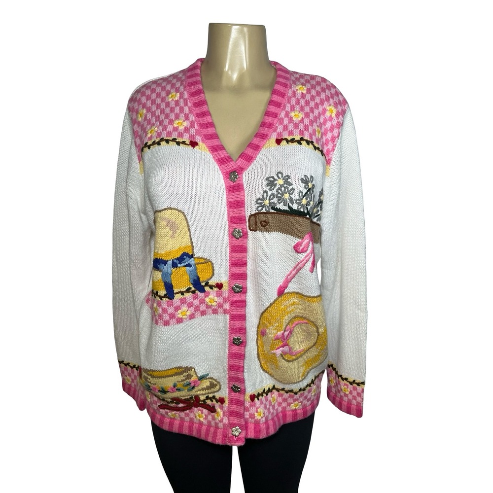 Quacker Factory Pink White Cottagecore Grandmacore Embroidered Cardigan Large